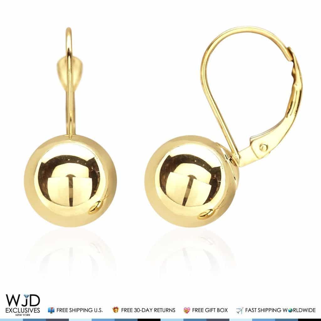 9mm Diameter Ball Lever Back Earrings 14K Solid Yellow Gold 0.8"