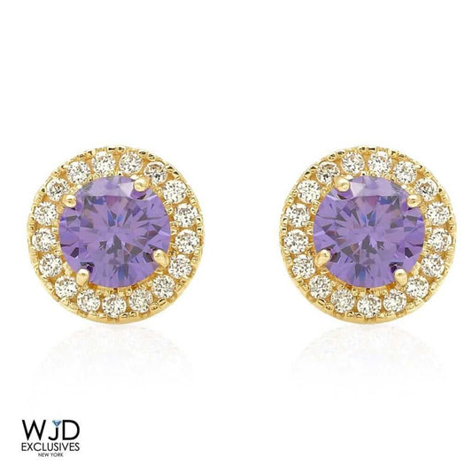 9mm Halo 14K Yellow Gold Round CZ Amethyst Stud Earrings 1.30Ct