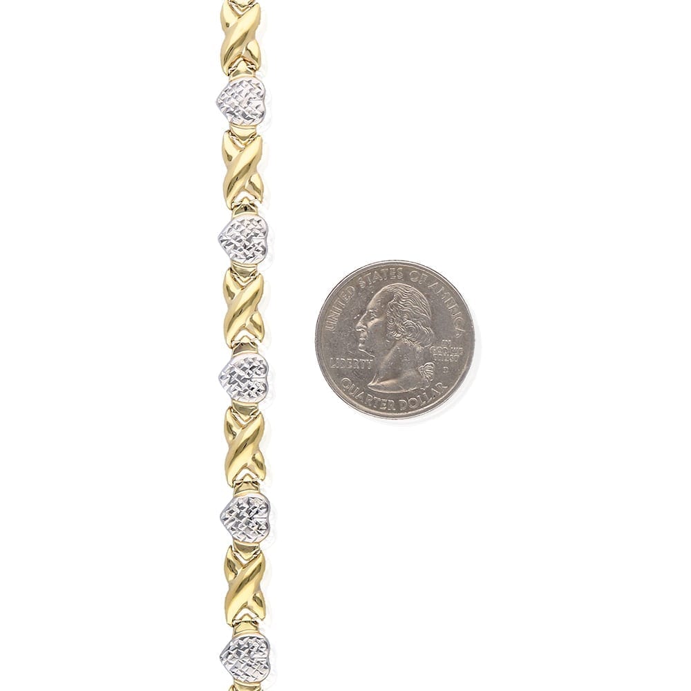 10K Gold Two-Tone Diamond-Cut Heart and Kisses XO Necklace 17.5"