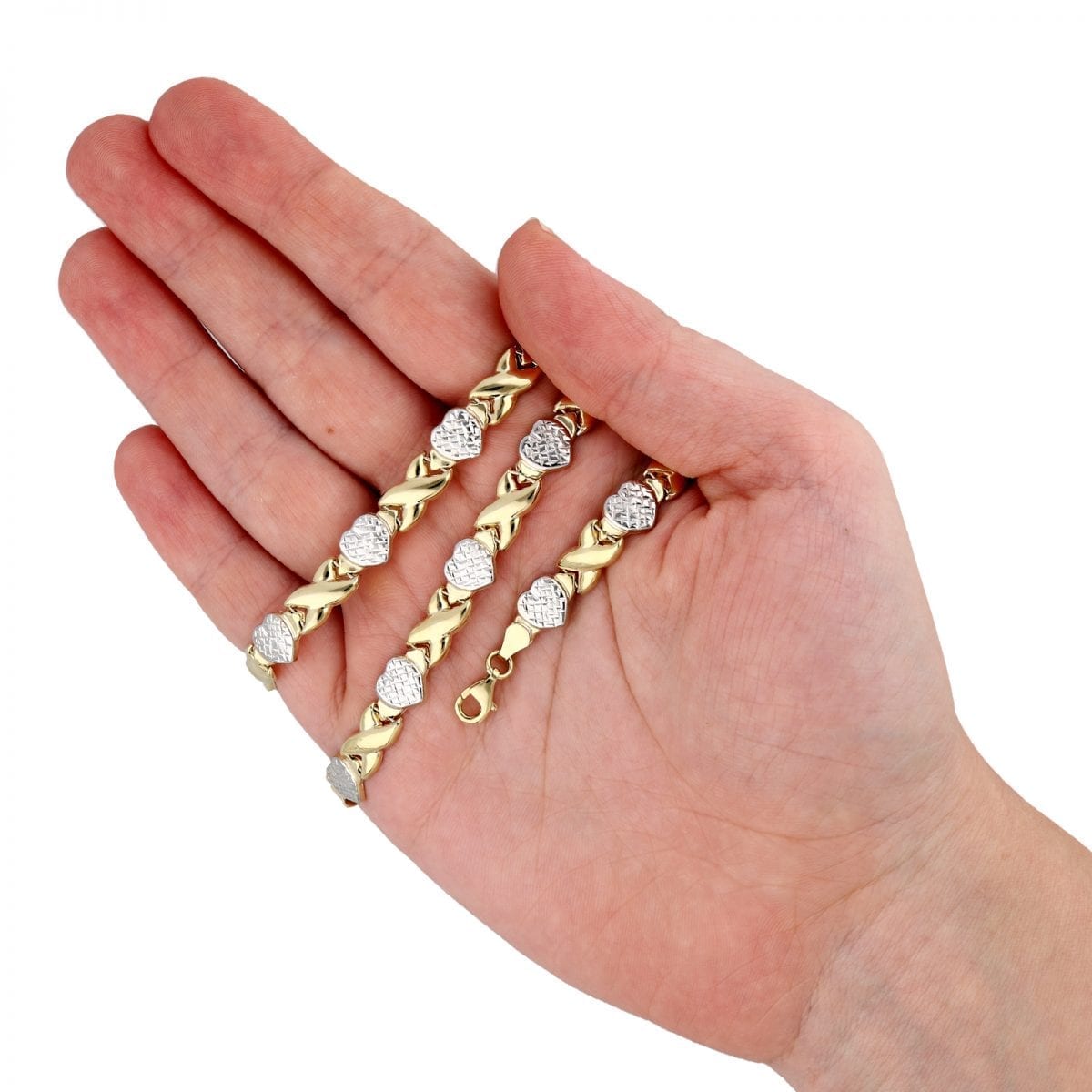 10K Gold Two-Tone Diamond-Cut Heart and Kisses XO Necklace 17.5"