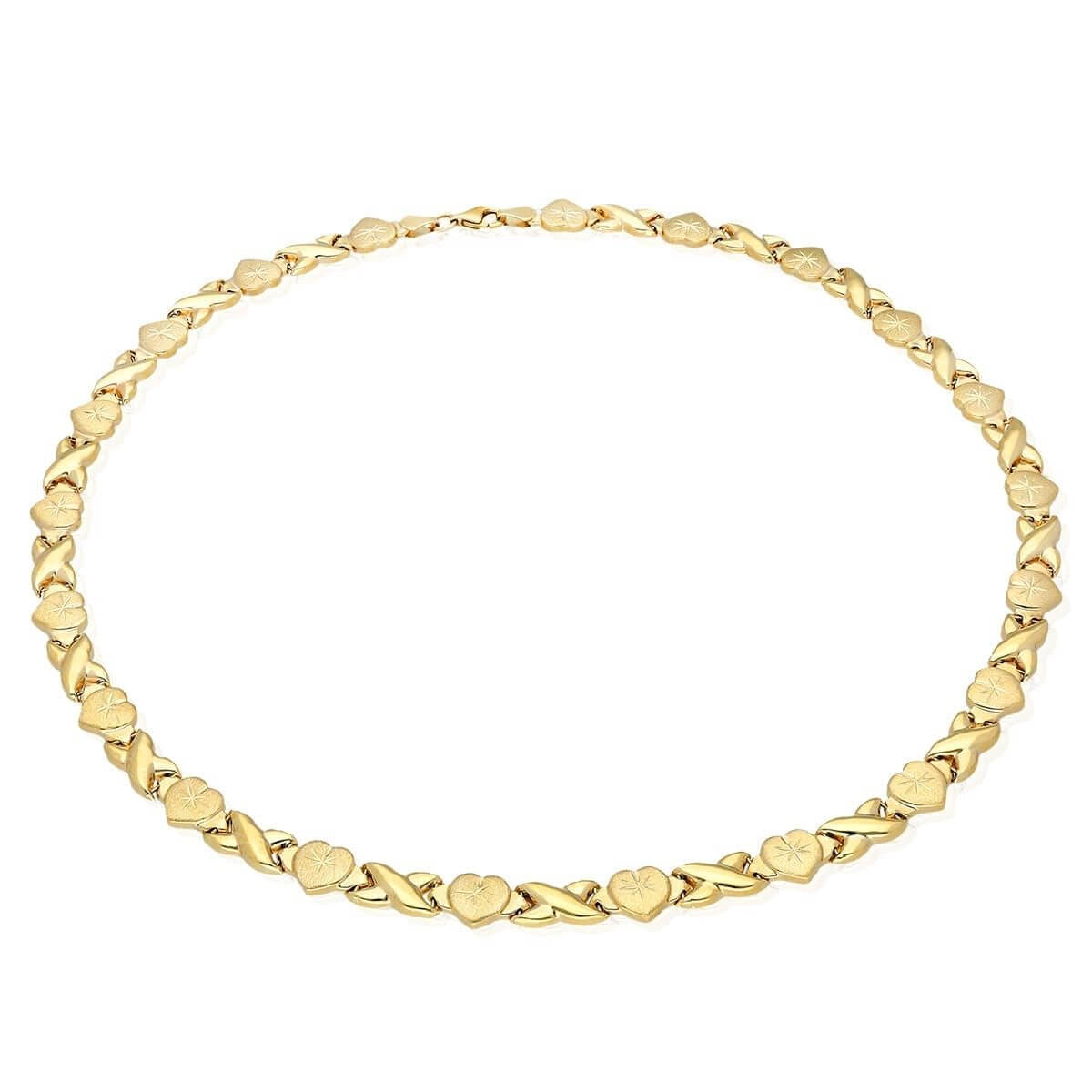 10K Yellow Gold Diamond-Cut Satin Hearts & Kisses XO Necklace 17.5"