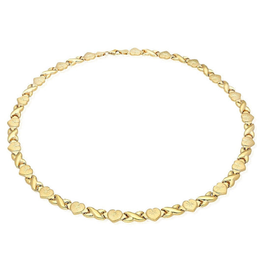 10K Yellow Gold Diamond-Cut Satin Hearts & Kisses XO Necklace (Hollow) 17.5"