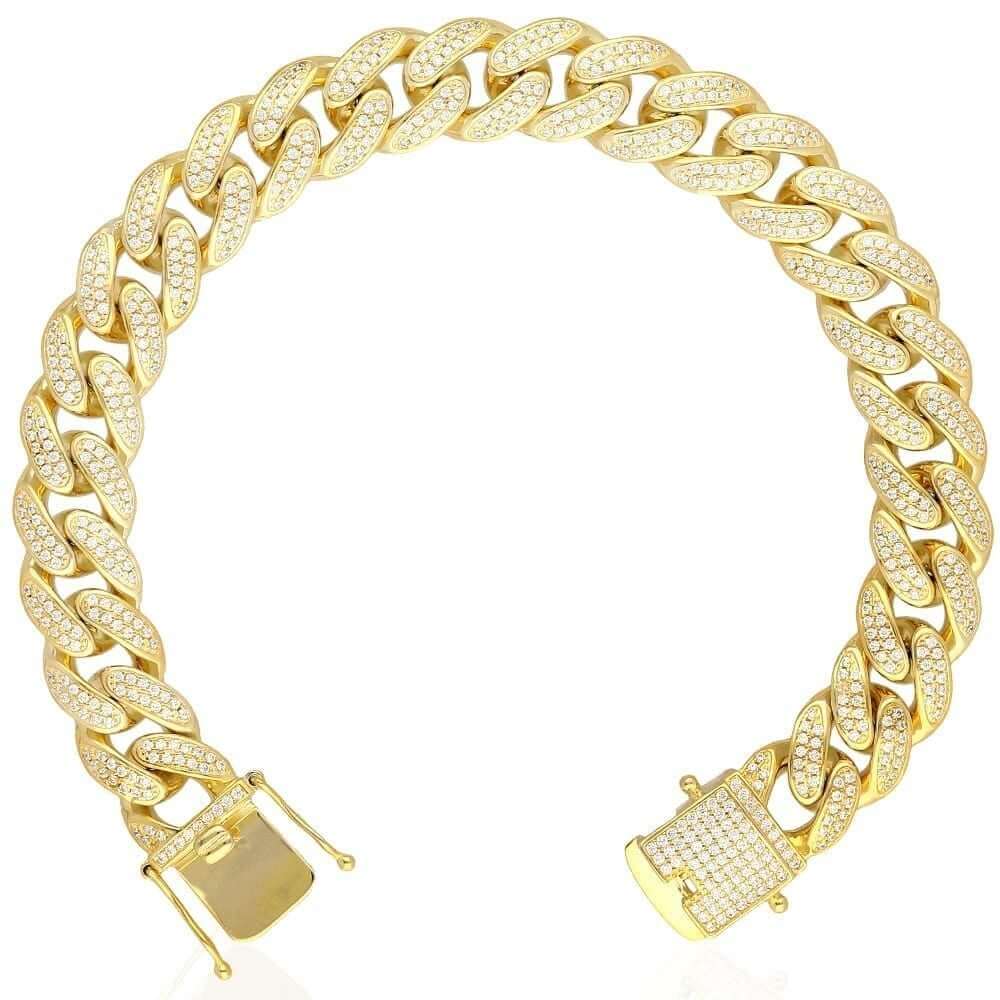 18K Gold Over Sterling Silver 12mm Pavé CZ Miami Cuban Bracelet (Solid Links) 9"