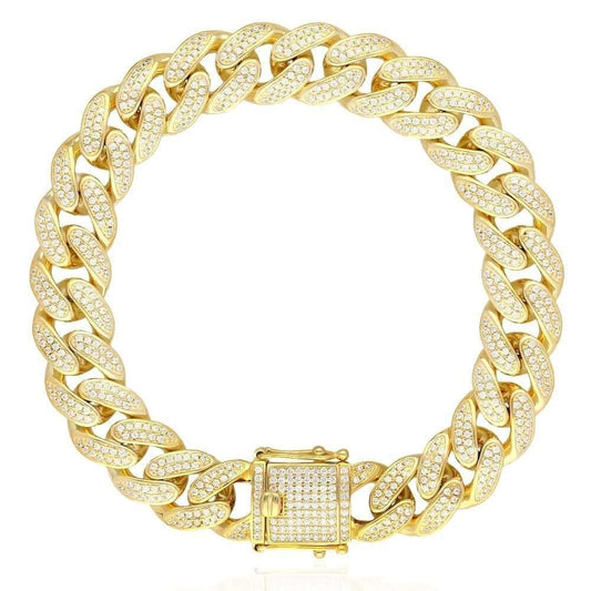 18K Gold Over Sterling Silver 12mm Pavé CZ Miami Cuban Bracelet (Solid Links) 9"