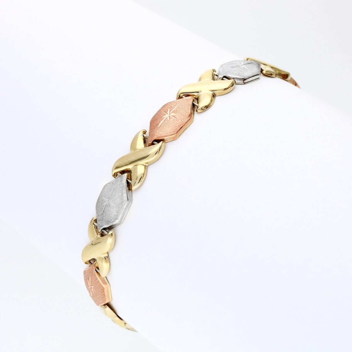 10k Gold Tri-Color Diamond-Cut Hugs & Kisses XO Bracelet 7"