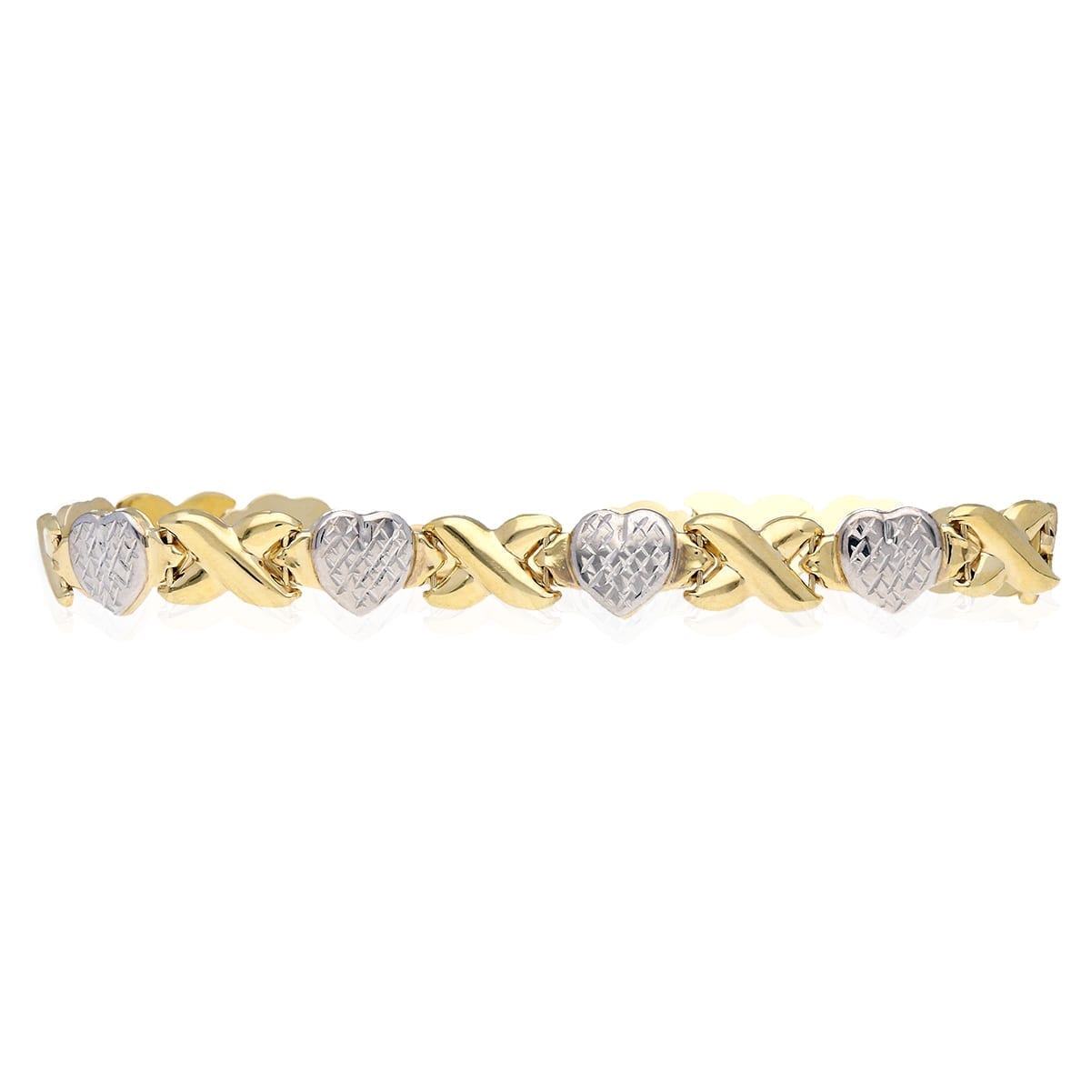 10k Gold Two-Tone Diamond-Cut Hearts & Kisses XO Bracelet 7.25"