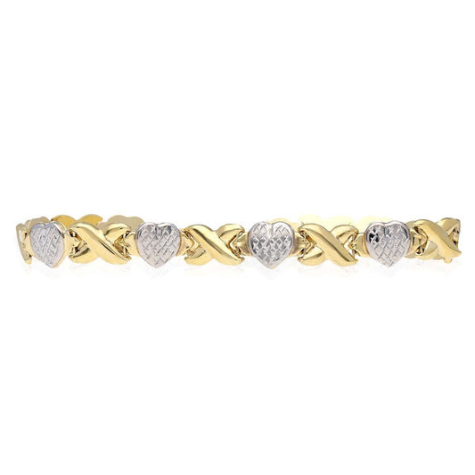 10K Two-Tone Gold Diamond-Cut Hearts & Kisses XO Bracelet (Hollow) 7.25"