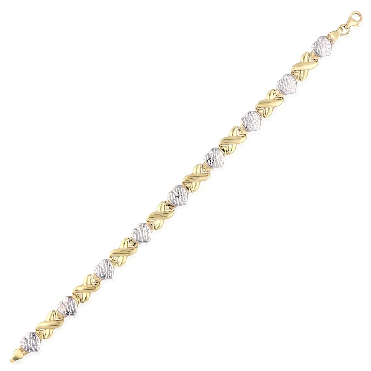 10k Gold Two-Tone Diamond-Cut Hearts & Kisses XO Bracelet 7.25"