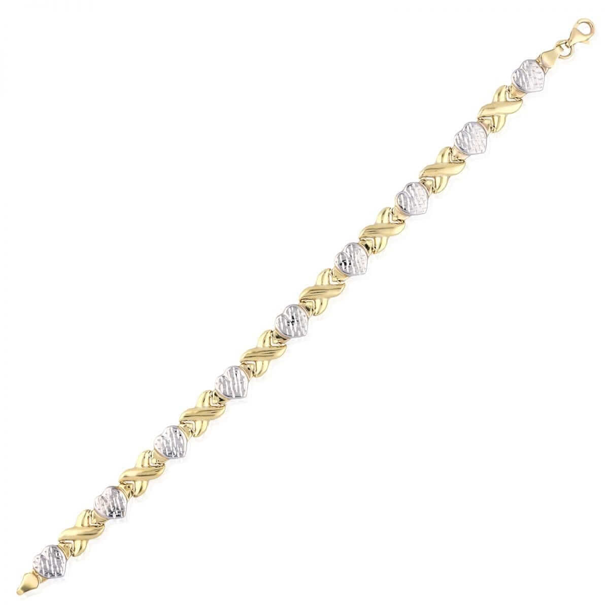 10K Gold Two-Tone Diamond-Cut Hearts & Kisses XO Bracelet 8"