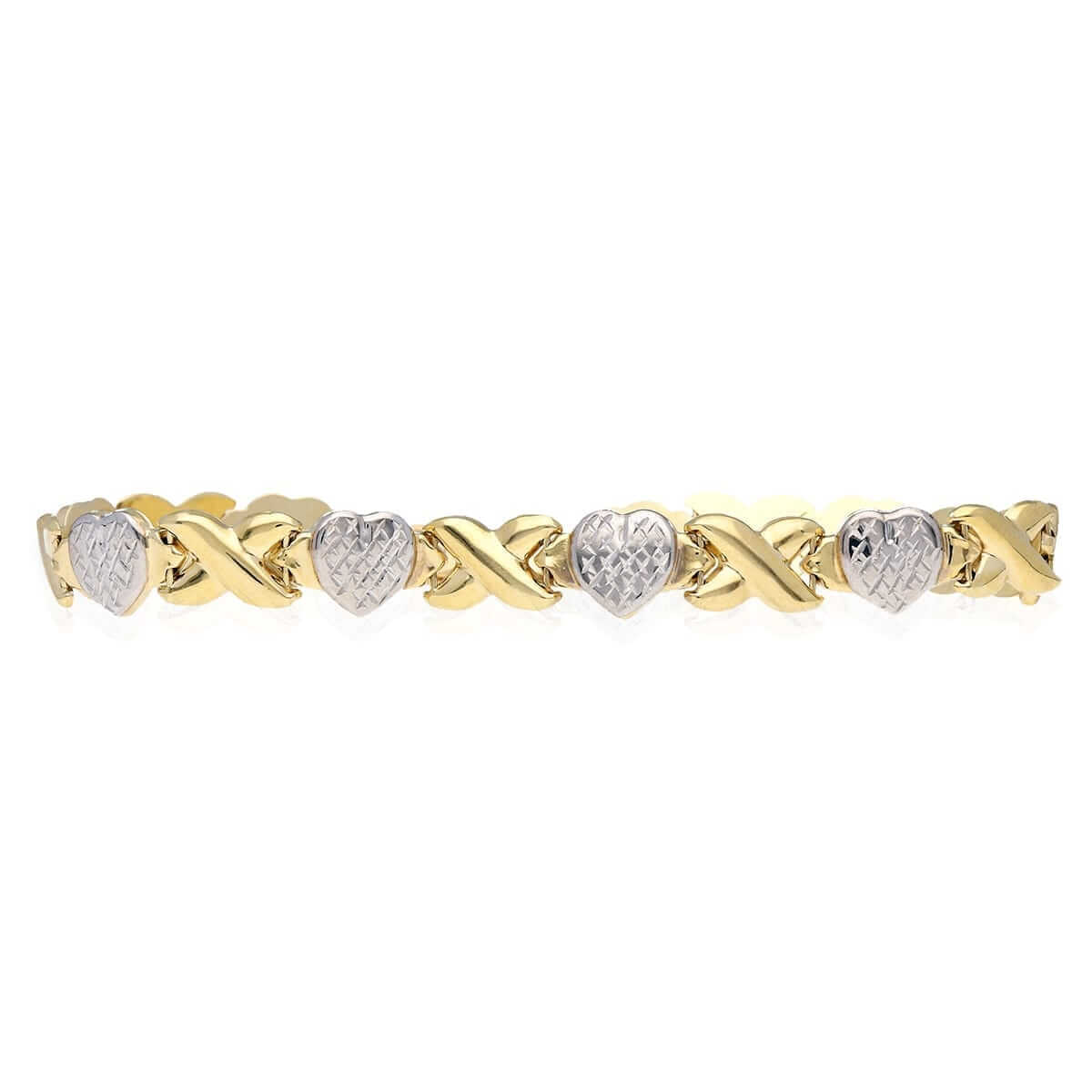 10K Gold Two-Tone Diamond-Cut Hearts & Kisses XO Bracelet 8"