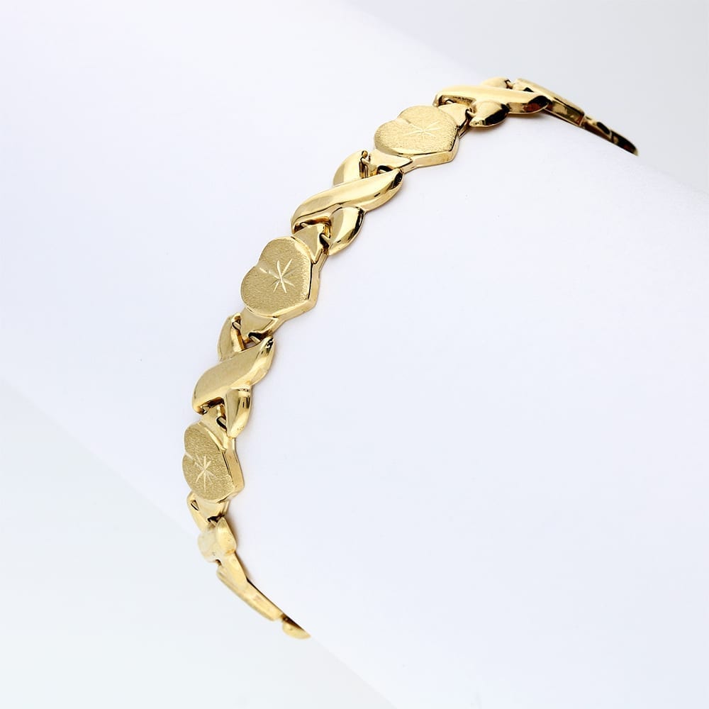 10k Gold Yellow Diamond-Cut Hearts & Kisses XO Bracelet 7.25"-8"