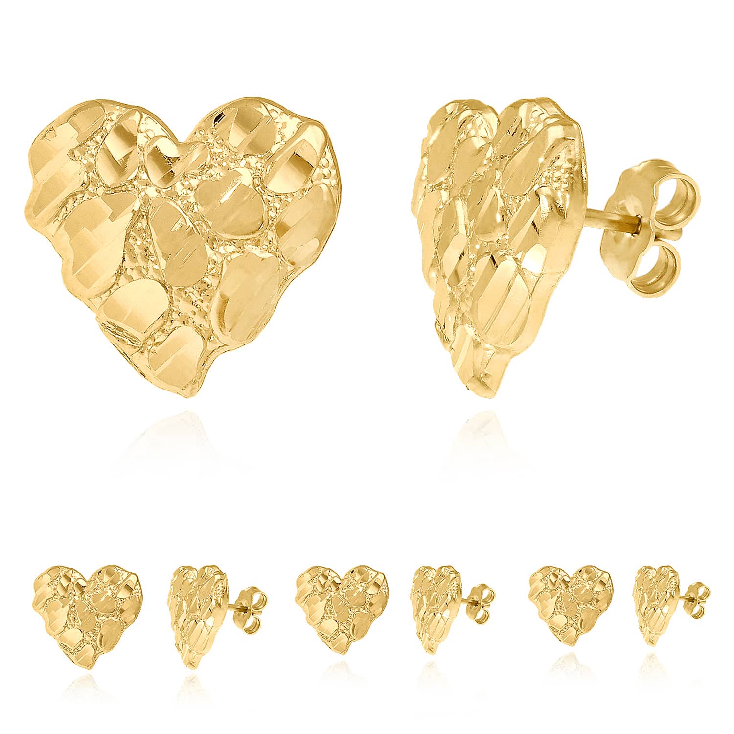 10K Yellow Gold Heart Nugget Stud Earrings 11mm 12mm 17mm – WJD