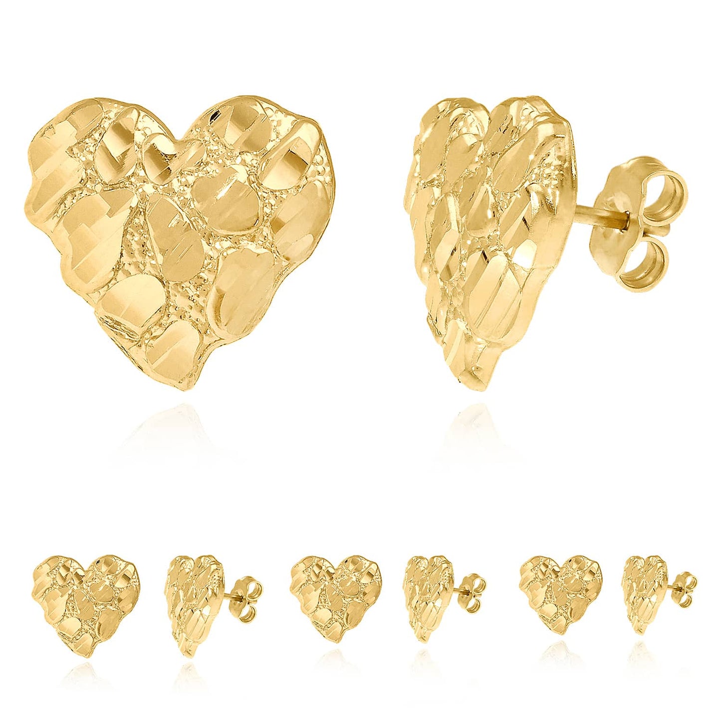 10K Yellow Gold Heart Nugget Stud Earrings 11mm 12mm 17mm