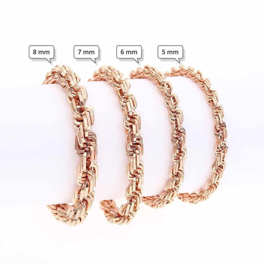 10K Rose Gold 5-8mm Square Rope Bracelet (Hollow) 8"-9"