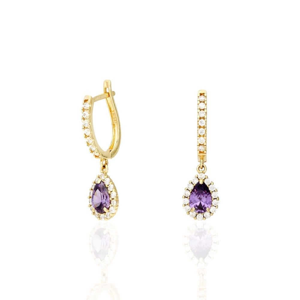 14k Yellow White Gold Birthstone Teardrop Diamond Halo Earrings 1"