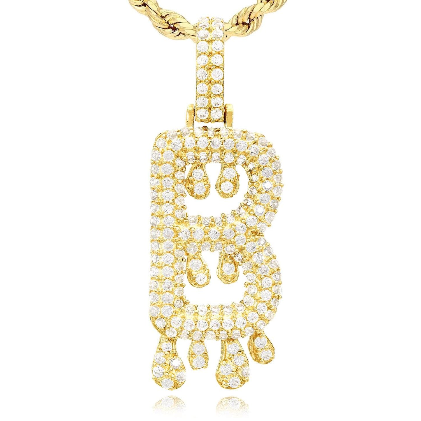 14K Yellow Gold CZ Iced Out Dripping Initial Letter Pendant 1.7"