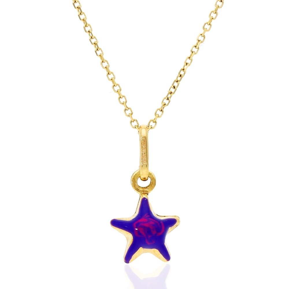 Kid's 14K Real Gold Purple Enamel Star Pendant /w Cable Chain Necklace 18"