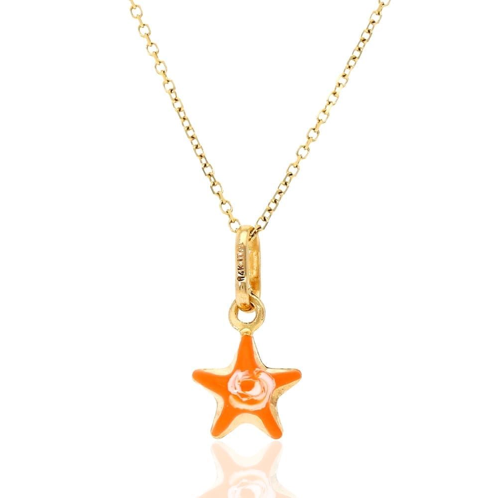 Kid's 14K Real Gold Orange Enamel Star Pendant /w Cable Chain Necklace 18"