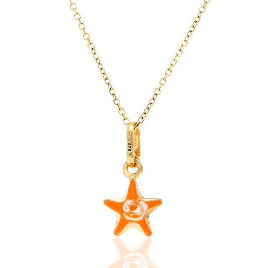 Kids 14K Gold Orange Enamel Star Pendant /w Cable Chain Necklace 18"