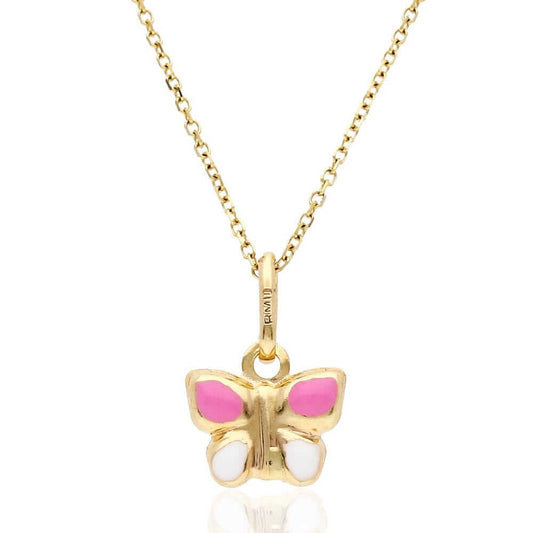 Kids 14K Yellow Gold Pink White Enamel Butterfly Pendant Cable Necklace 16" 18"