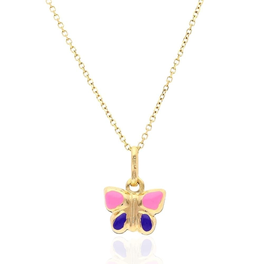 Kid's 14k Yellow Gold Pink Purple Enamel Butterfly Pendant Cable Necklace 16-18"