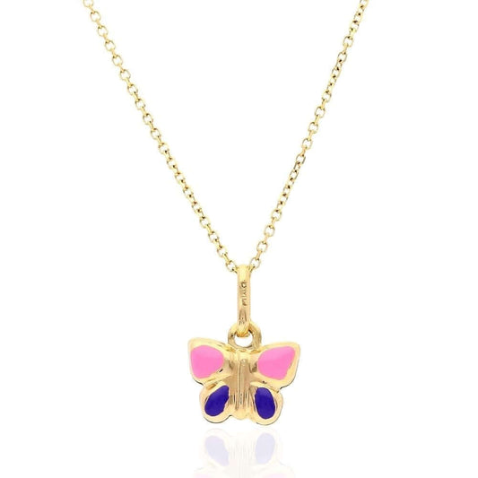 Kids 14K Yellow Gold Pink Purple Enamel Butterfly Pendant Cable Necklace 16-18"