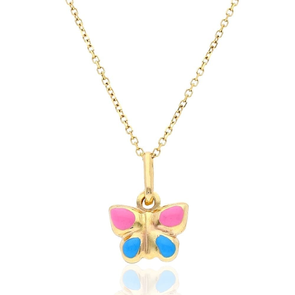 Kid's 14k Yellow Gold Pink Blue Enamel Butterfly Pendant Cable Necklace 16" 18"