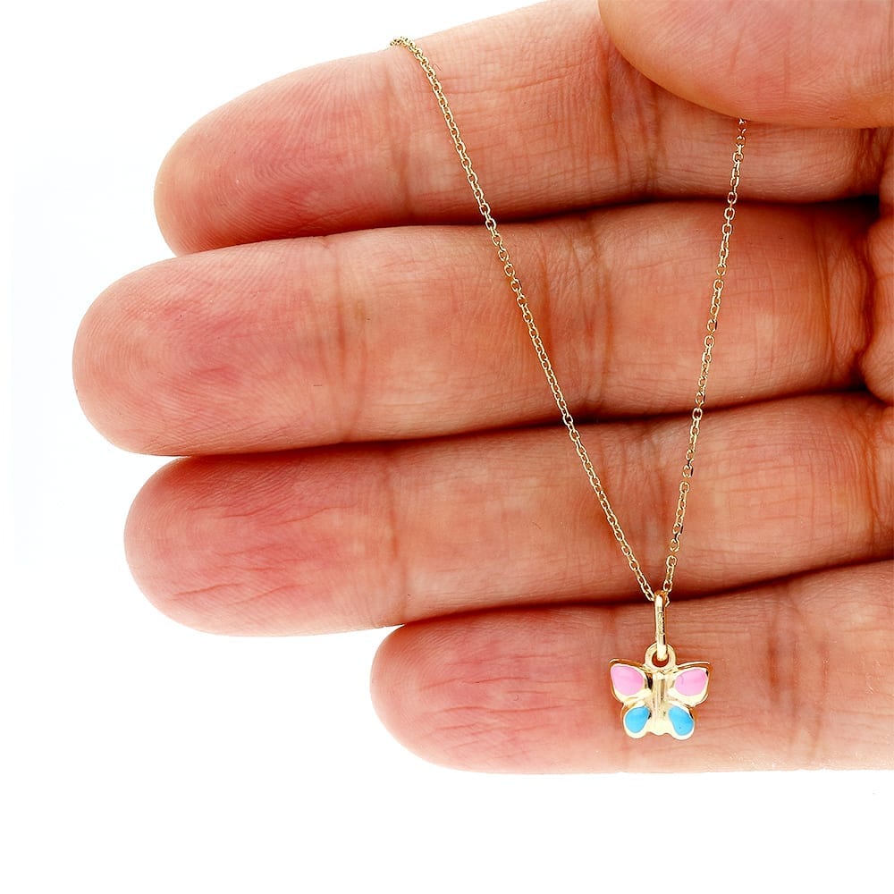 Kid's 14k Yellow Gold Pink Blue Enamel Butterfly Pendant Cable Necklace 16" 18"