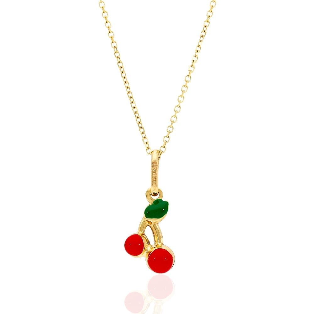 14k Yellow Gold Red Enamel Cherry Kid's Pendant Cable Chain Necklace 16" 18"
