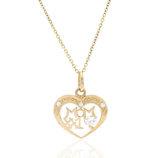 14k Yellow Gold White Zircon #1 Mom Heart Pendant Cable Chain 16-18"