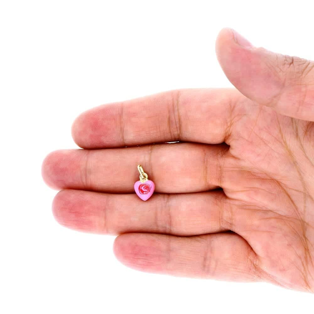 14k Yellow Gold Pink Rose Enamel Heart Pendant Cable Chain 16-18"