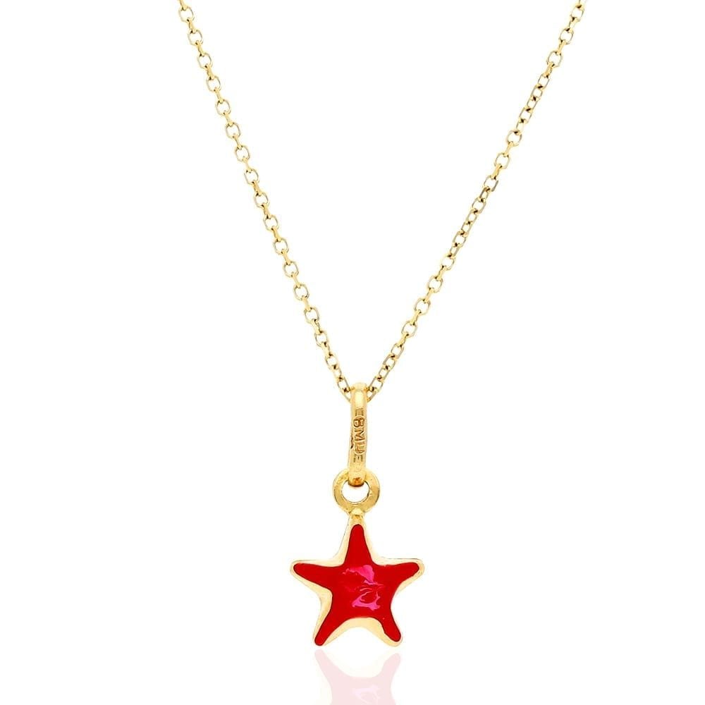 14k Yellow Gold Red Enamel Star Kid's Pendant Cable Chain Necklace 18"