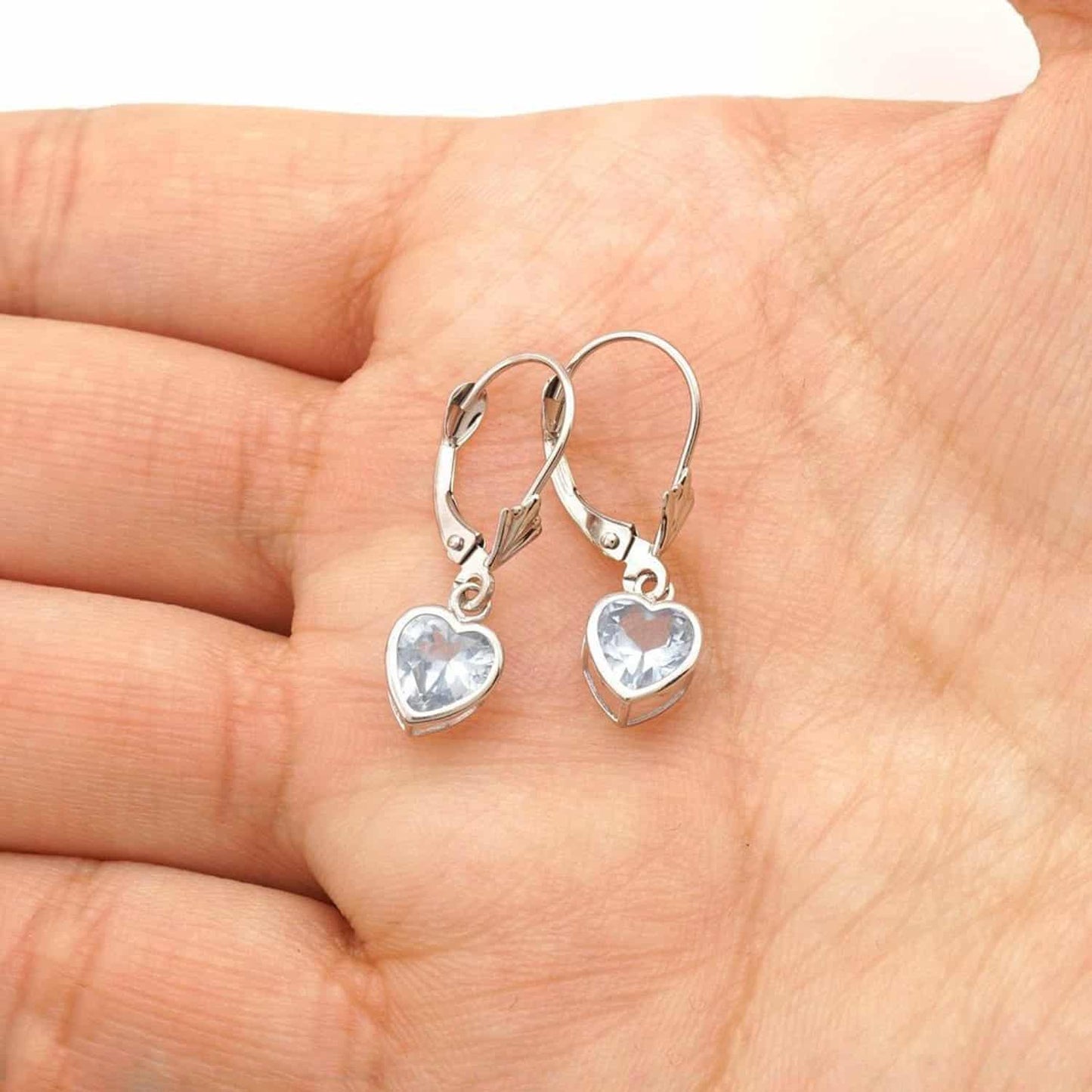 14K White Gold 7mm Bezel Heart Shaped Birthstone Leverback Dangle Earrings