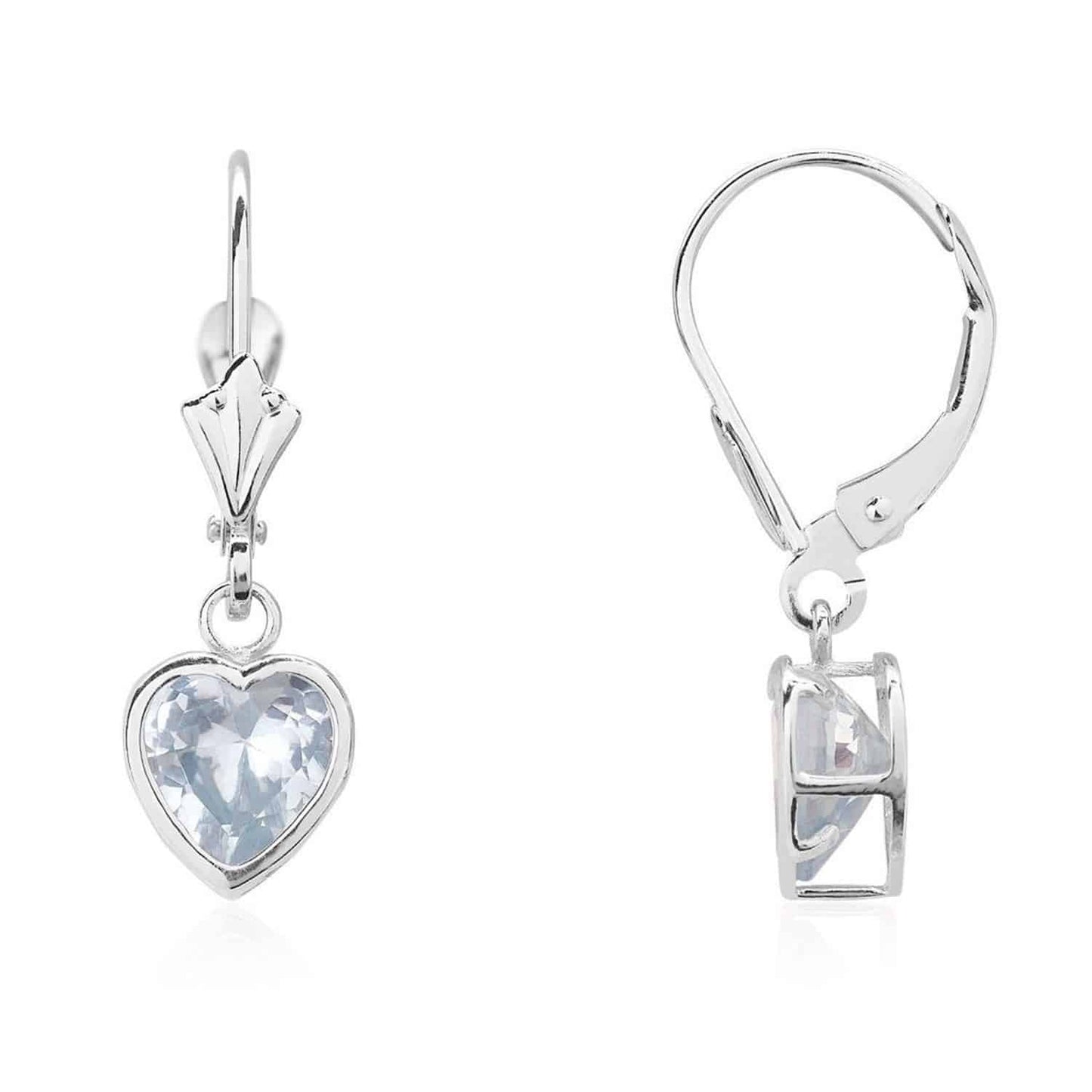 14K White Gold 7mm Bezel Heart Shaped Birthstone Leverback Dangle Earrings