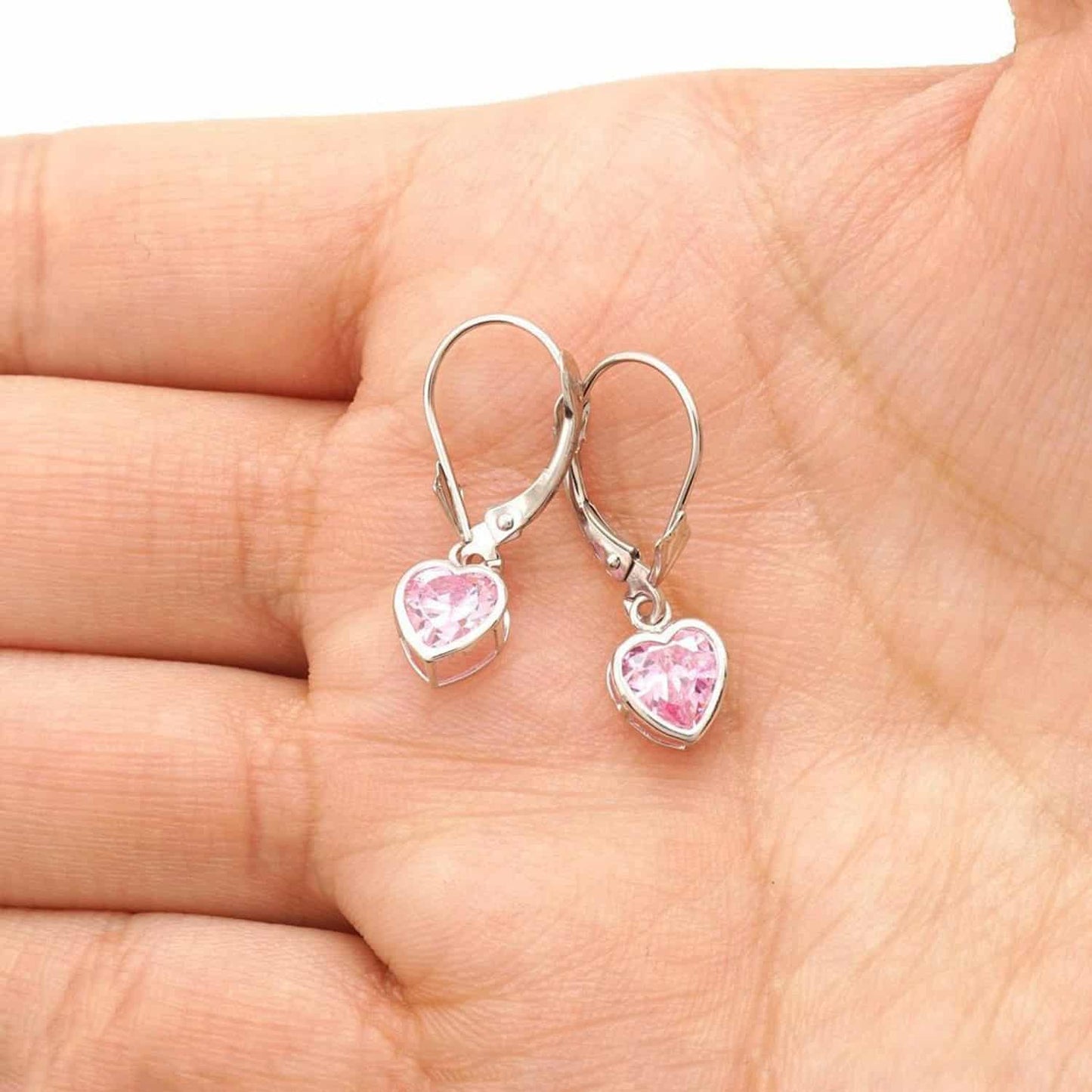 14K White Gold 7mm Bezel Heart Shaped Birthstone Leverback Dangle Earrings