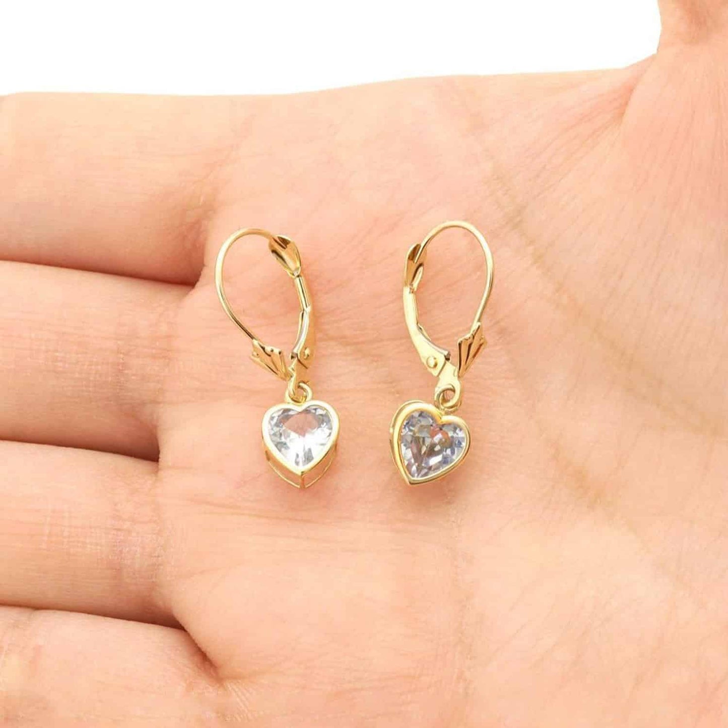 14K Yellow Gold Bezel Set Heart Shaped Birthstone Dangle Leverback Earrings