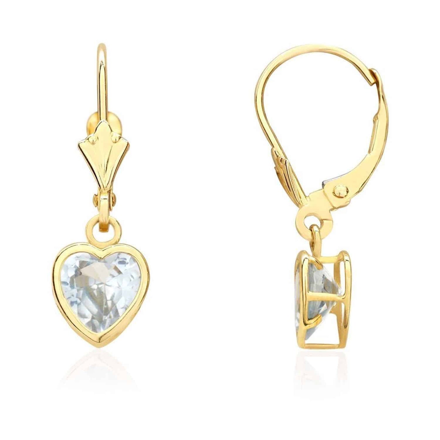 14K Yellow Gold Bezel Set Heart Shaped Birthstone Dangle Leverback Earrings