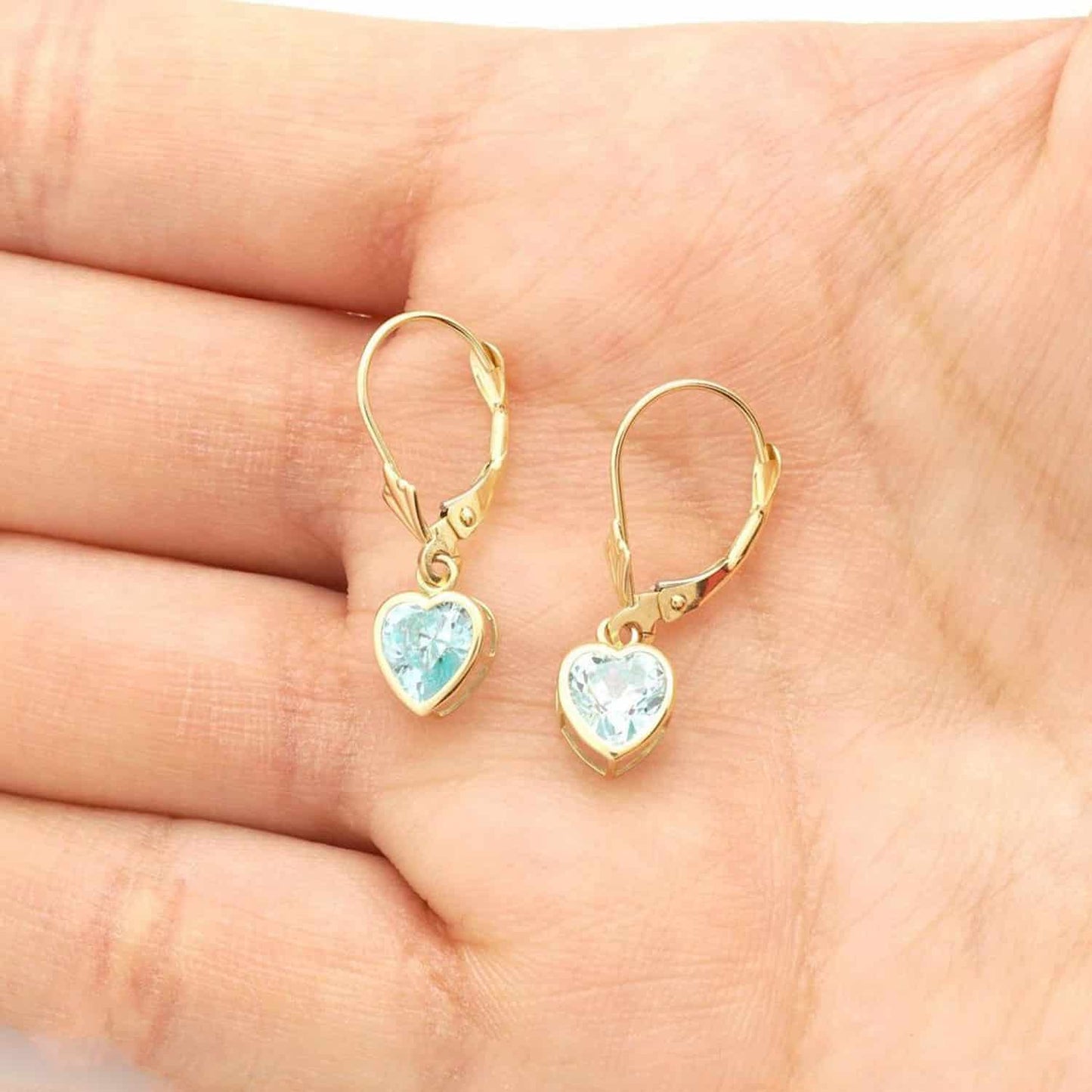 14K Yellow Gold Bezel Set Heart Shaped Birthstone Dangle Leverback Earrings