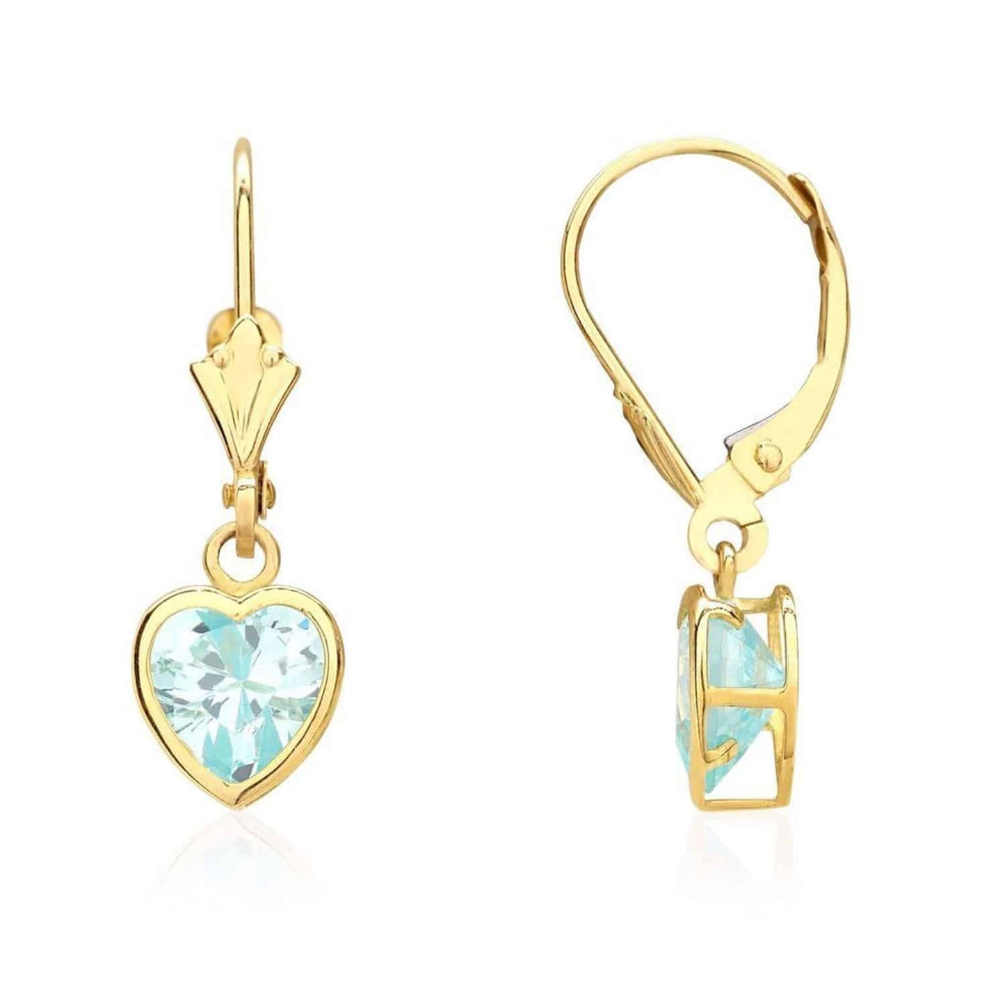 14K Yellow Gold Bezel Set Heart Shaped Birthstone Dangle Leverback Earrings