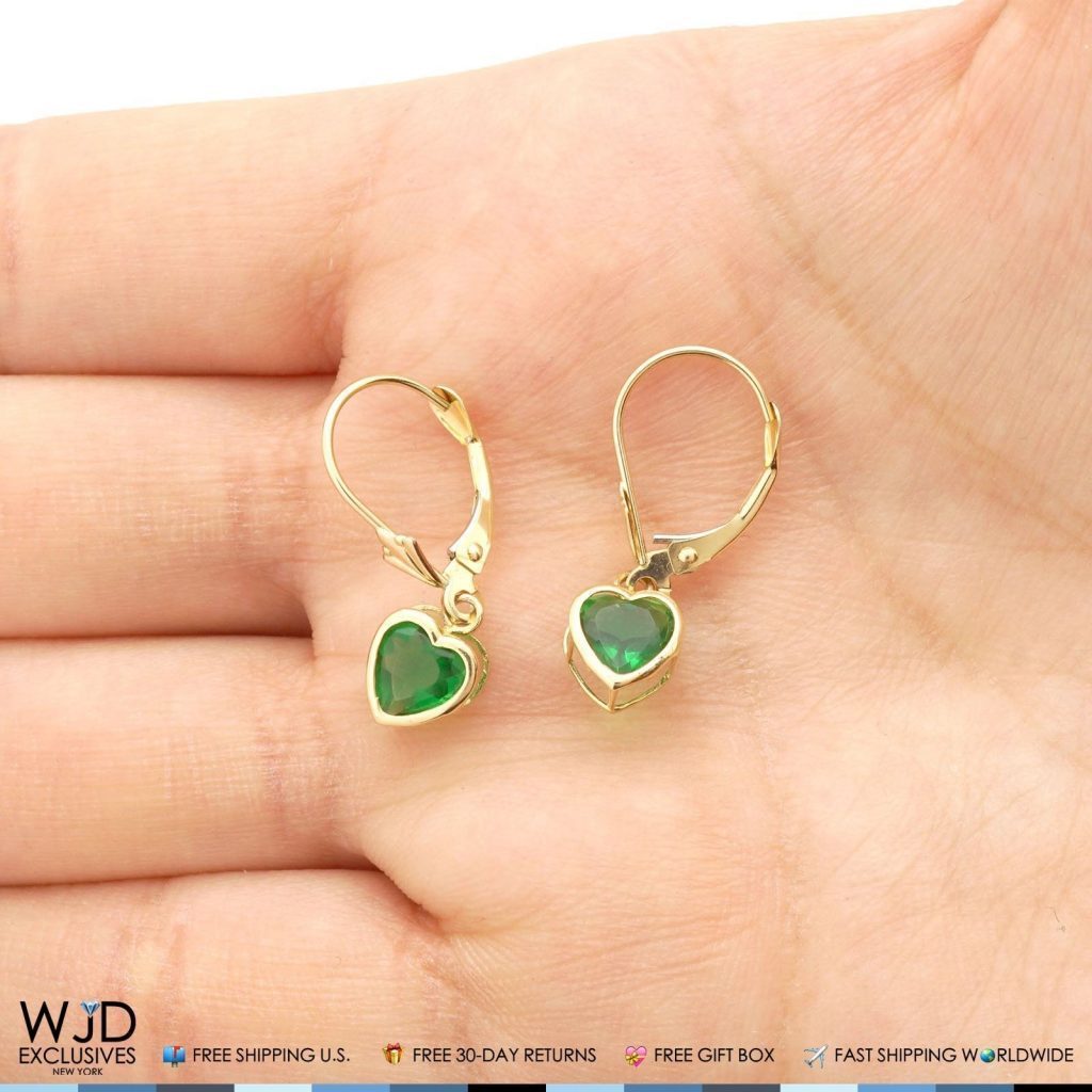 Bezel Heart Shaped Simulated Emerald 14K Yellow Gold Dangle Leverback Earrings