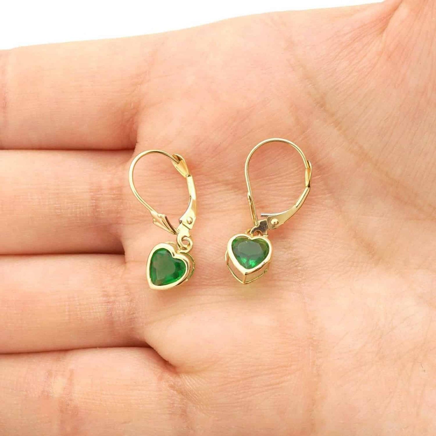 14K Yellow Gold Bezel Set Heart Shaped Birthstone Dangle Leverback Earrings