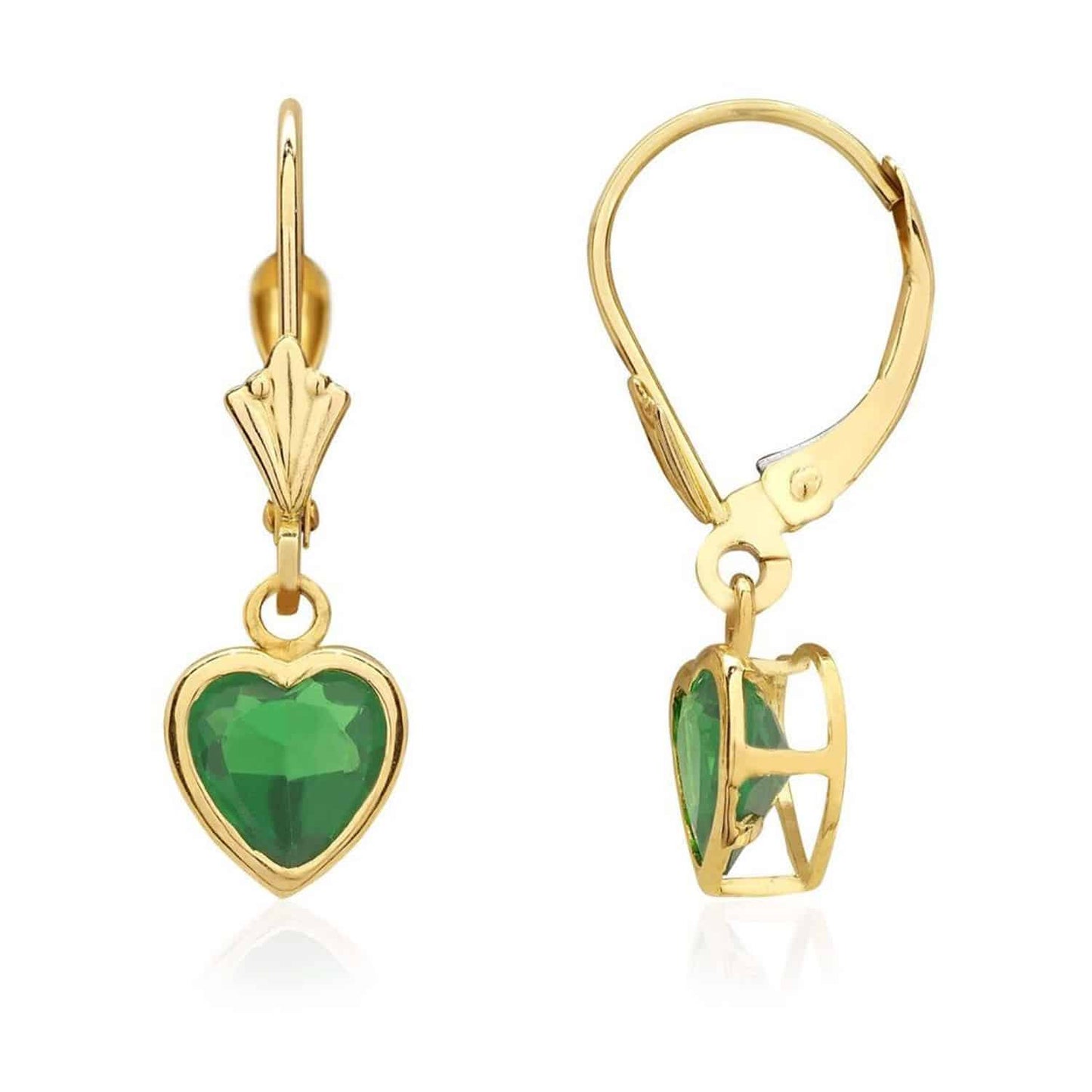 14K Yellow Gold Bezel Set Heart Shaped Birthstone Dangle Leverback Earrings