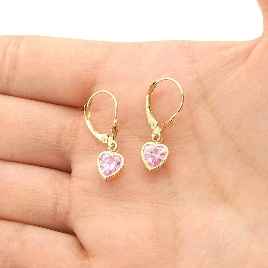 14K Yellow Gold Bezel Set Heart Shaped Birthstone Dangle Leverback Earrings