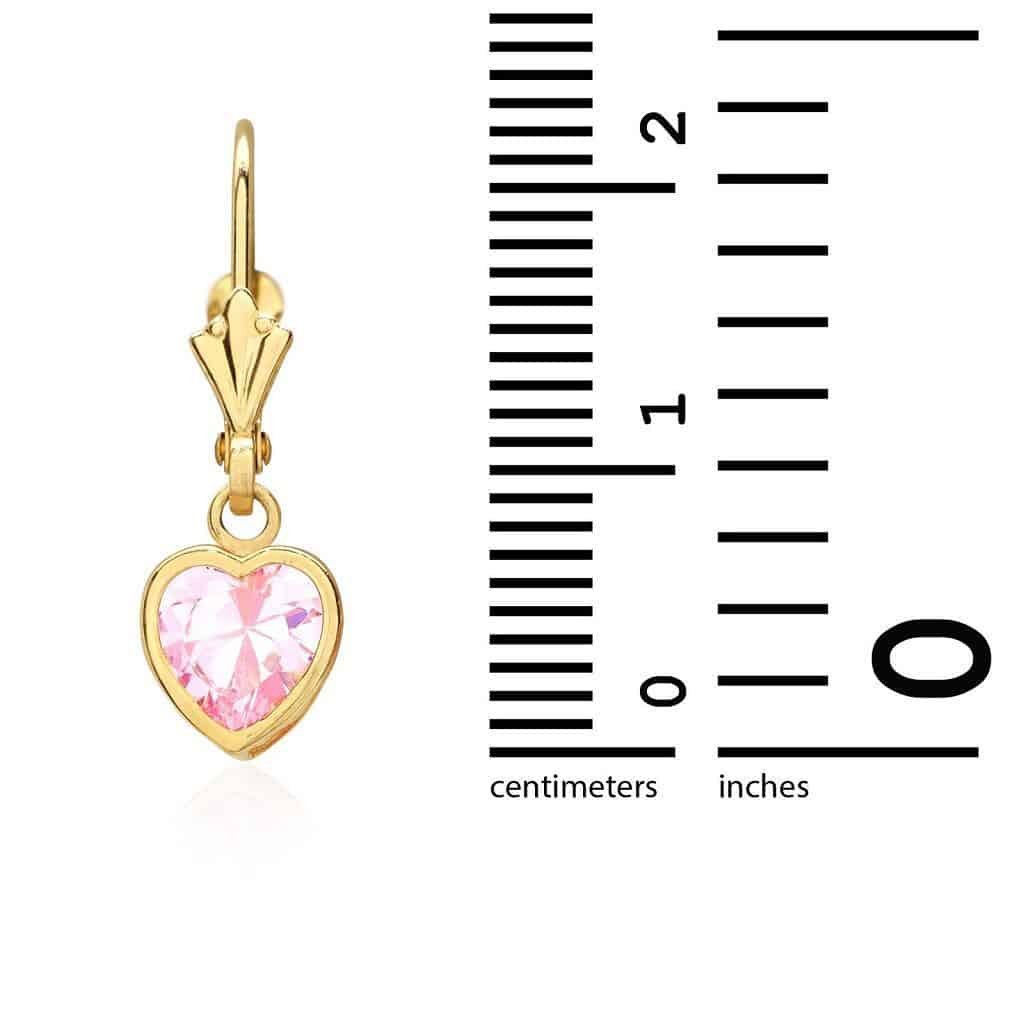 14K Yellow Gold Bezel Set Heart Shaped Birthstone Dangle Leverback Earrings