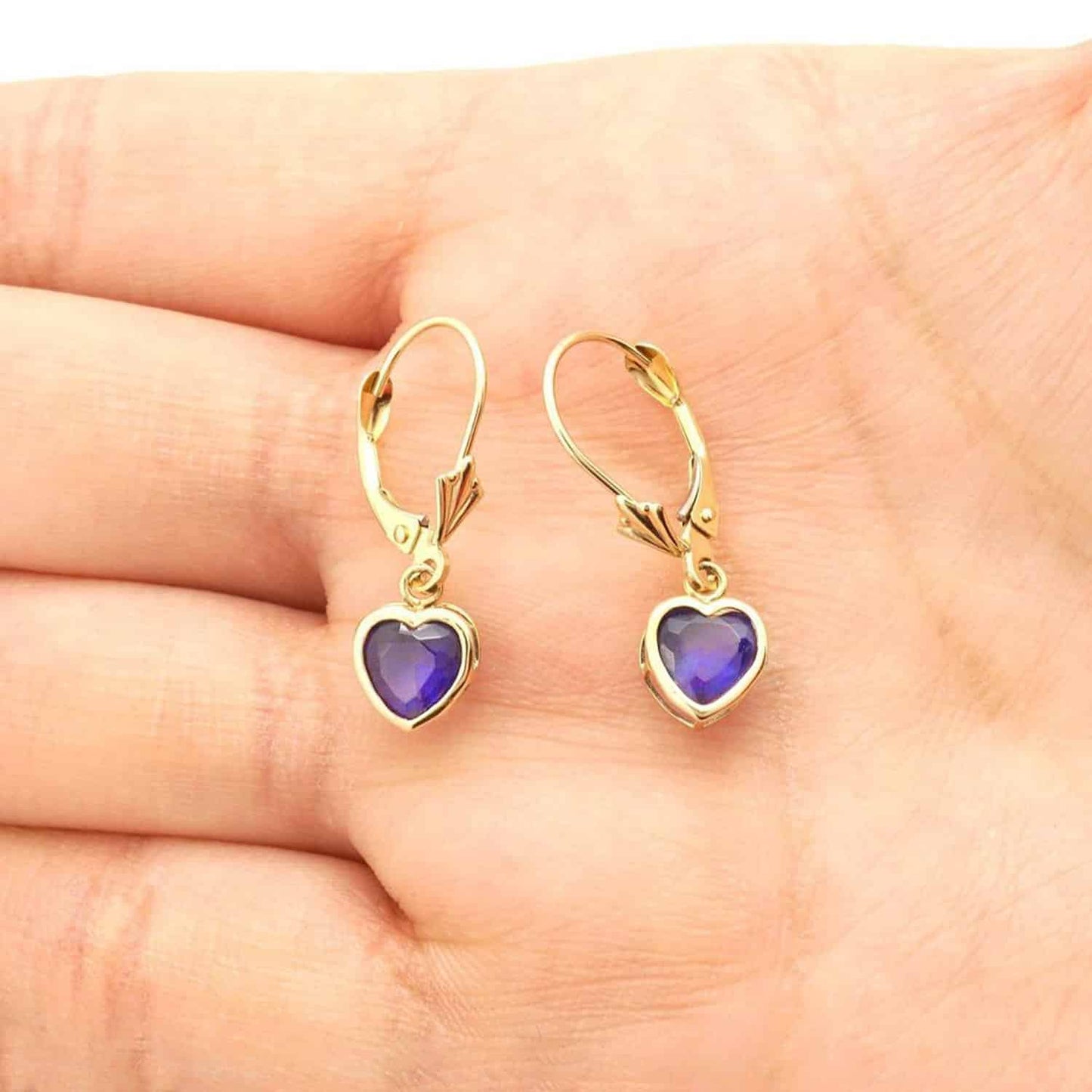 14K Yellow Gold Bezel Set Heart Shaped Birthstone Dangle Leverback Earrings