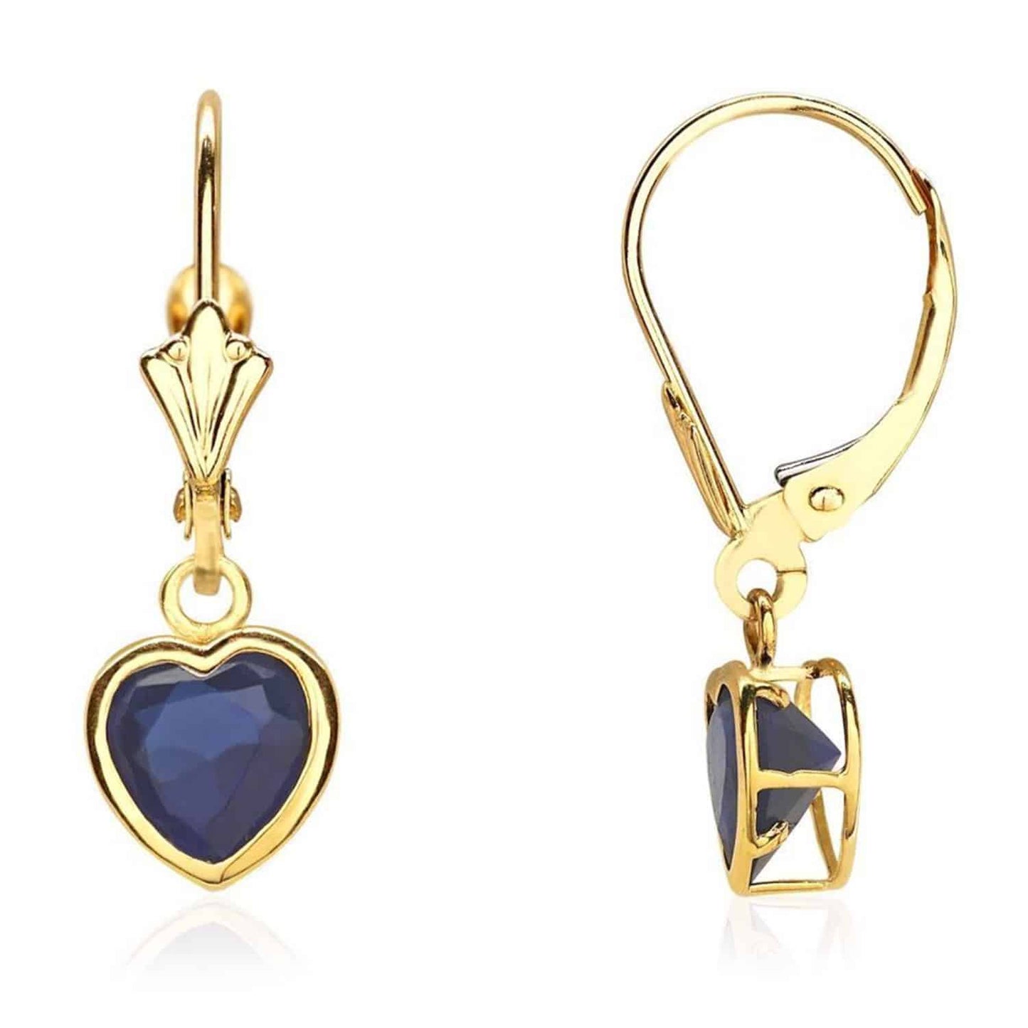 14K Yellow Gold Bezel Set Heart Shaped Birthstone Dangle Leverback Earrings