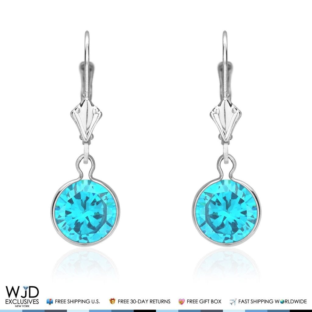 Bezel Set Round Blue Topaz Lever Back Dangle Earrings 14K Solid White Gold 1"