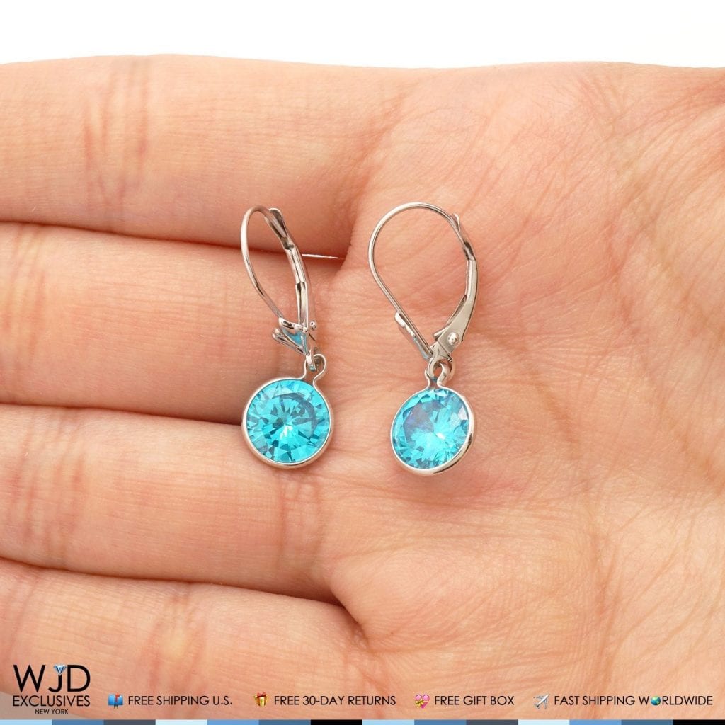 Bezel Set Round Blue Topaz Lever Back Dangle Earrings 14K Solid White Gold 1"