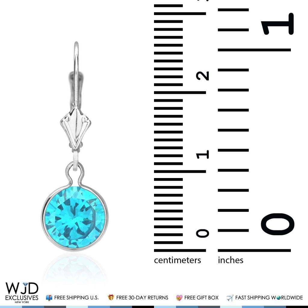 Bezel Set Round Blue Topaz Lever Back Dangle Earrings 14K Solid White Gold 1"