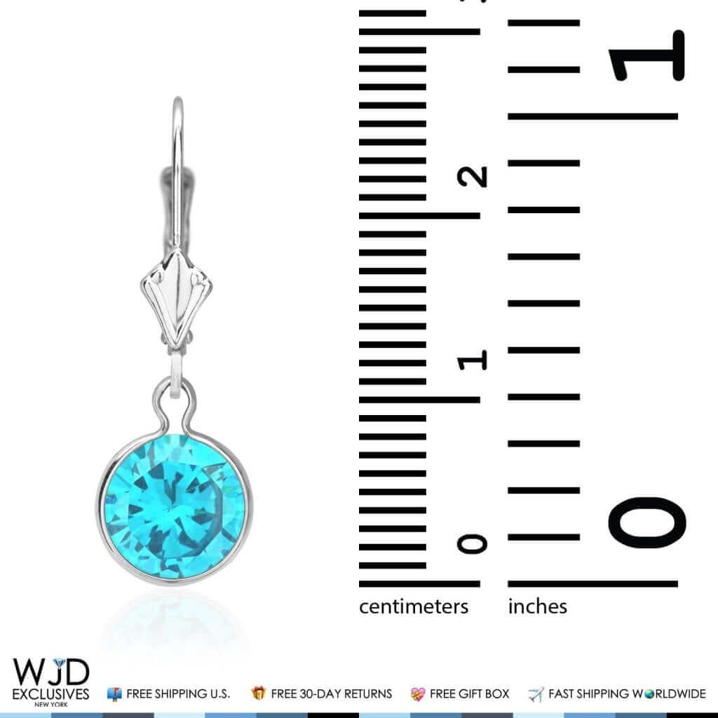 Bezel Set Round Blue Topaz Lever Back Dangle Earrings 14K White Gold 1"